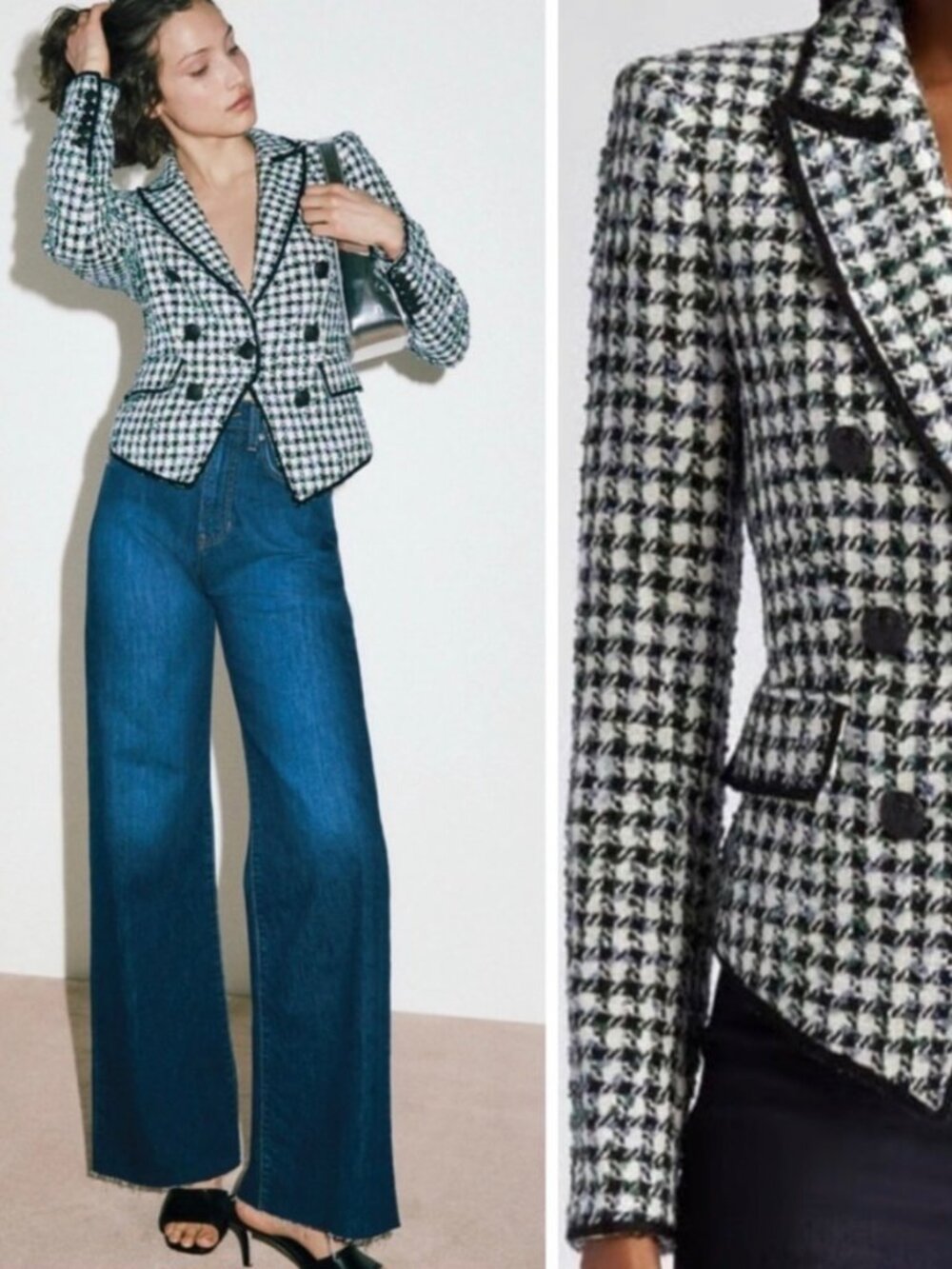 Veronica Beard Diego Dickey Houndstooth Cotton Blend Blazer Black Green Size 8